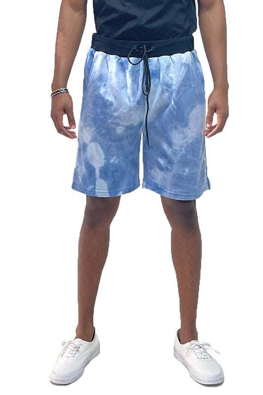 Weiv Mens Tye Dye Sweat Shorts with elastic waist and drawstring, 100% cotton.